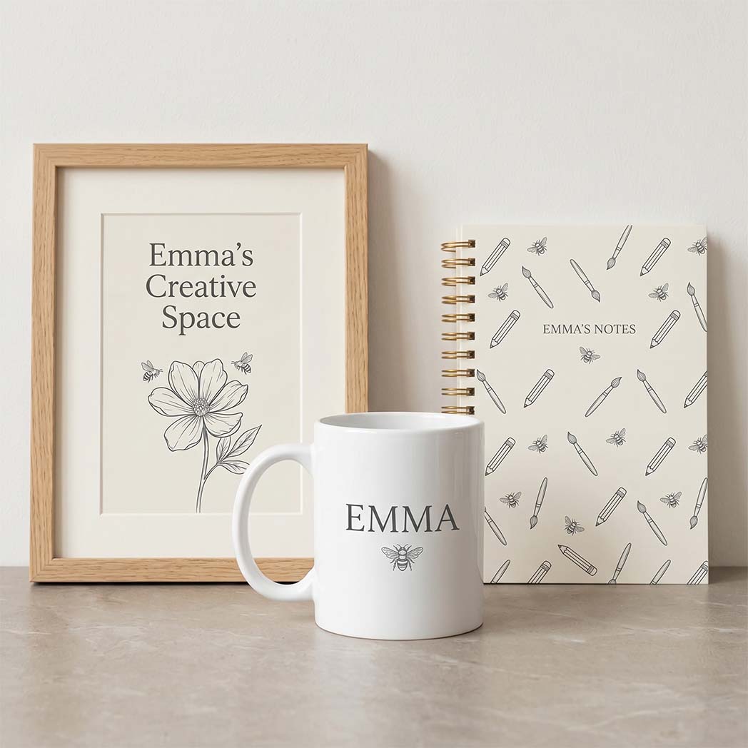 Personalised print on demand mug and notebook with custom name design by Papello